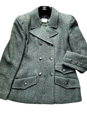CHANEL Textured Double-Breasted Wool Blend Green Pea Coat